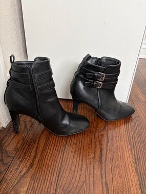 Women’s Black Leather Ankle Boots with Buckle Detail